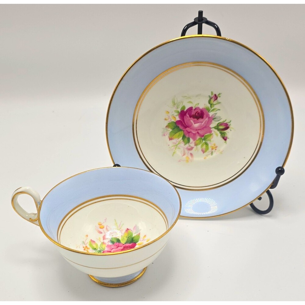 Old Royal Bone China Wetley Rose Teacup Saucer Set Sky Blue Border Pink Rose